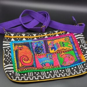 Laurel Burch Colorful Whimsical Dog Print Crossbody Canvas Bag
